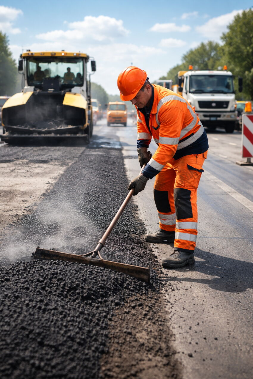 Bauarbeiter in Schutzkleidung verteilt heißen Asphalt